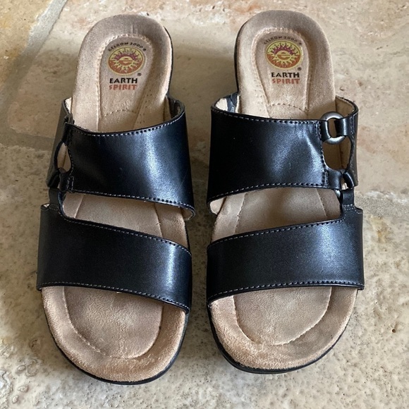 Earth Spirit Shoes - Earth Spirit Lissa Black Leather Comfort Slip On Sandals Womens Beach Size 9